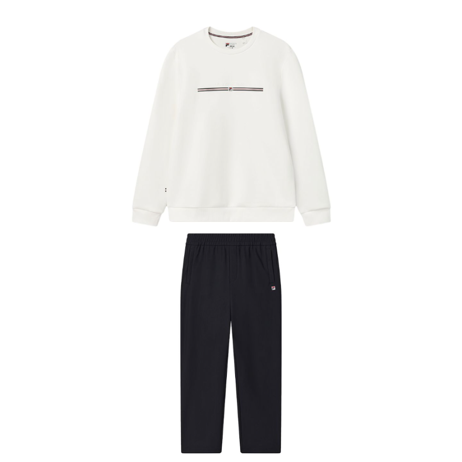 FILA Sweatshirt Sets Men's Set Cloud White Top+Legend Blue Bottom Crew Neck Moderate