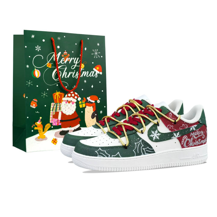 Nike Nike Air Force 1 Christmas Snowflake Thermal Cushioning Low top Skateboard Shoes Unisex Green Red
