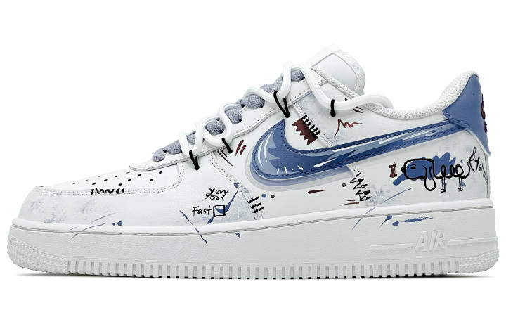 Nike Nike Air Force 1 Leather Abrasion Resistant Low top Skateboard Shoes Men's White Blue