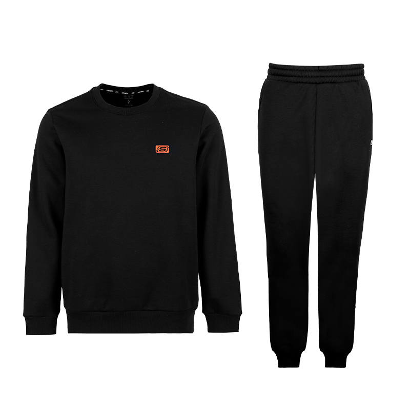 Skechers Solid Color Fleece Lined Loose Fit Crew Neck Pullover Sweatshirt Pants Two Piece Set Casual Sportswear Men's