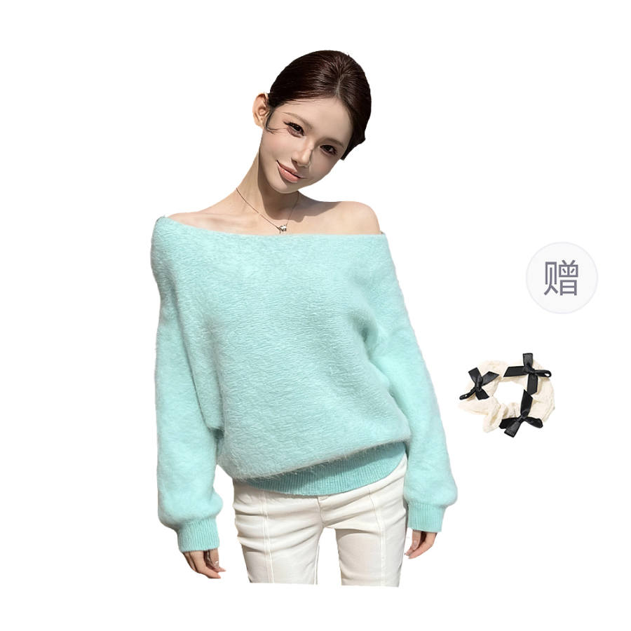CPAURA Knitwear Women's Image Color+Hair Tie Included Boat Neck Moderate