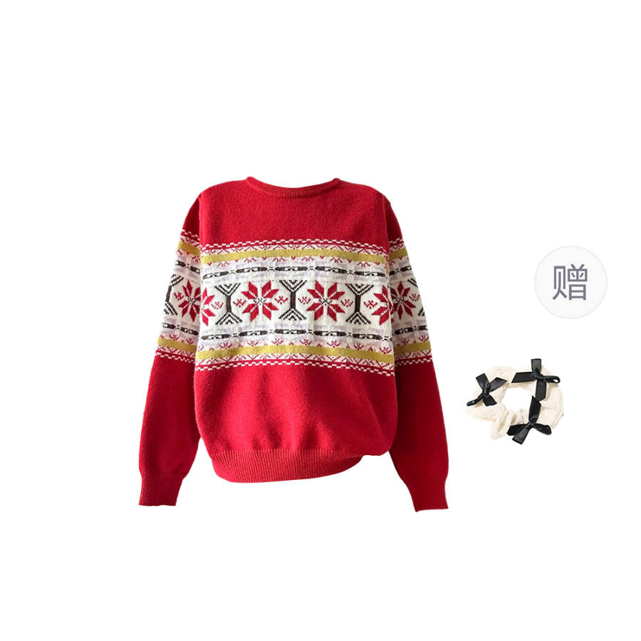 CPAURA Knitwear Women's Red Comes With Hair Tie Crew Neck Thickened Base Layer