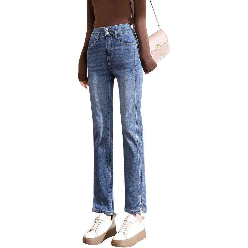Tonlion Jeans Women's Medium Blue Thickened And Fleece Lined Slim Fit Pants
