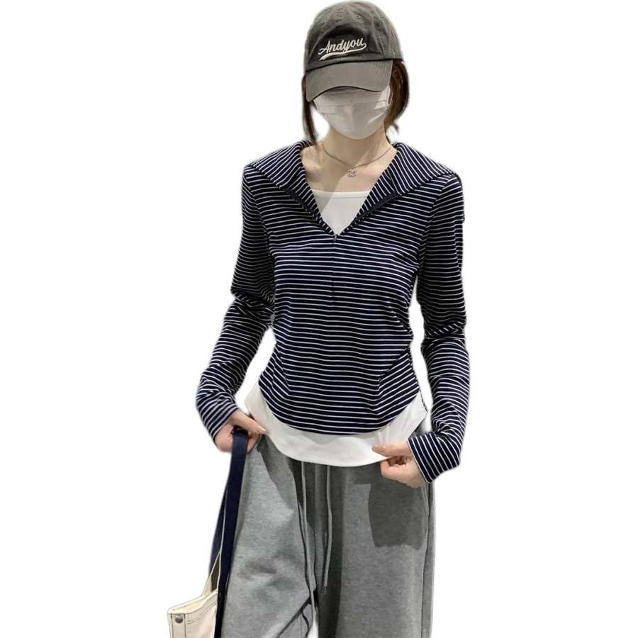 VENICEW T Shirts Women's Navy Blue Stripes With VN Brand Sticker Navy Collar Moderate Straight Fit