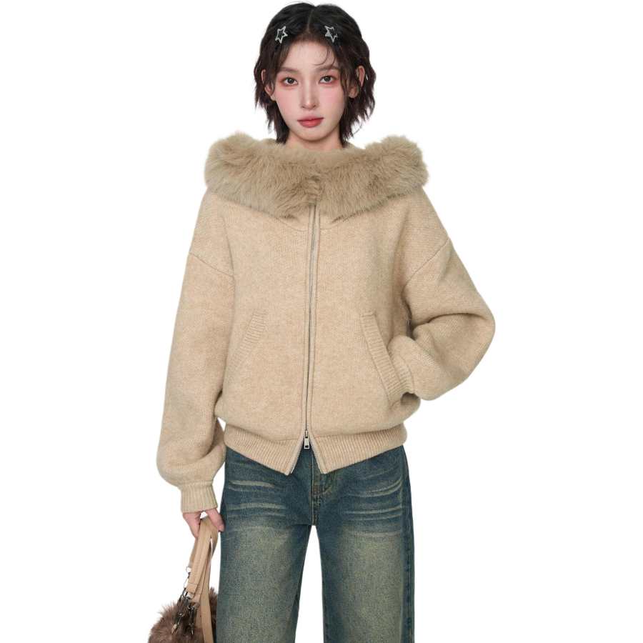 VENICEW Knitwear Women's Knitwear Including VN Brand Sticker Hooded Thickened Cardigan