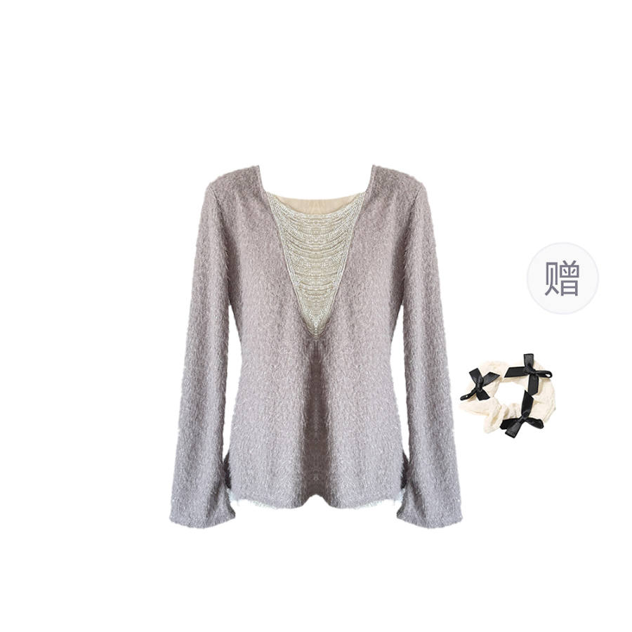 CPAURA Knitwear Women's Image Color+Hair Tie Included Crew Neck Moderate Base Layer