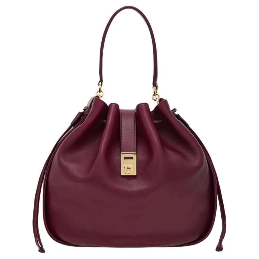 FERRAGAMO Hug Calfskin Bucket Bag, One Shoulder Handbag Mini Women's Raisin