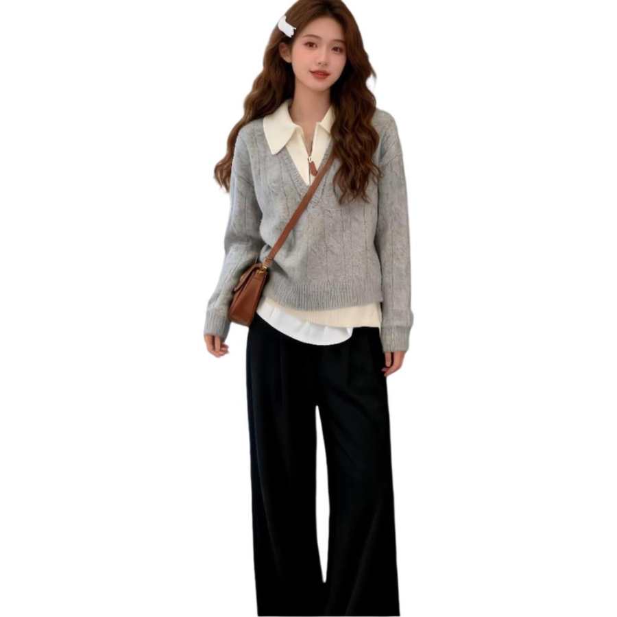 VENICEW Knitwear Women's Image Color Including VN Brand Sticker Lapel Thickened Mock Two Piece