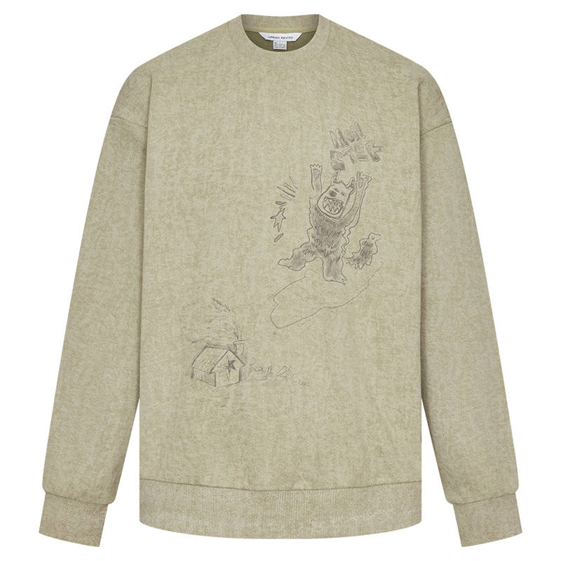 URBAN REVIVO Sweatshirts Men's Khaki Green Crew Neck Moderate