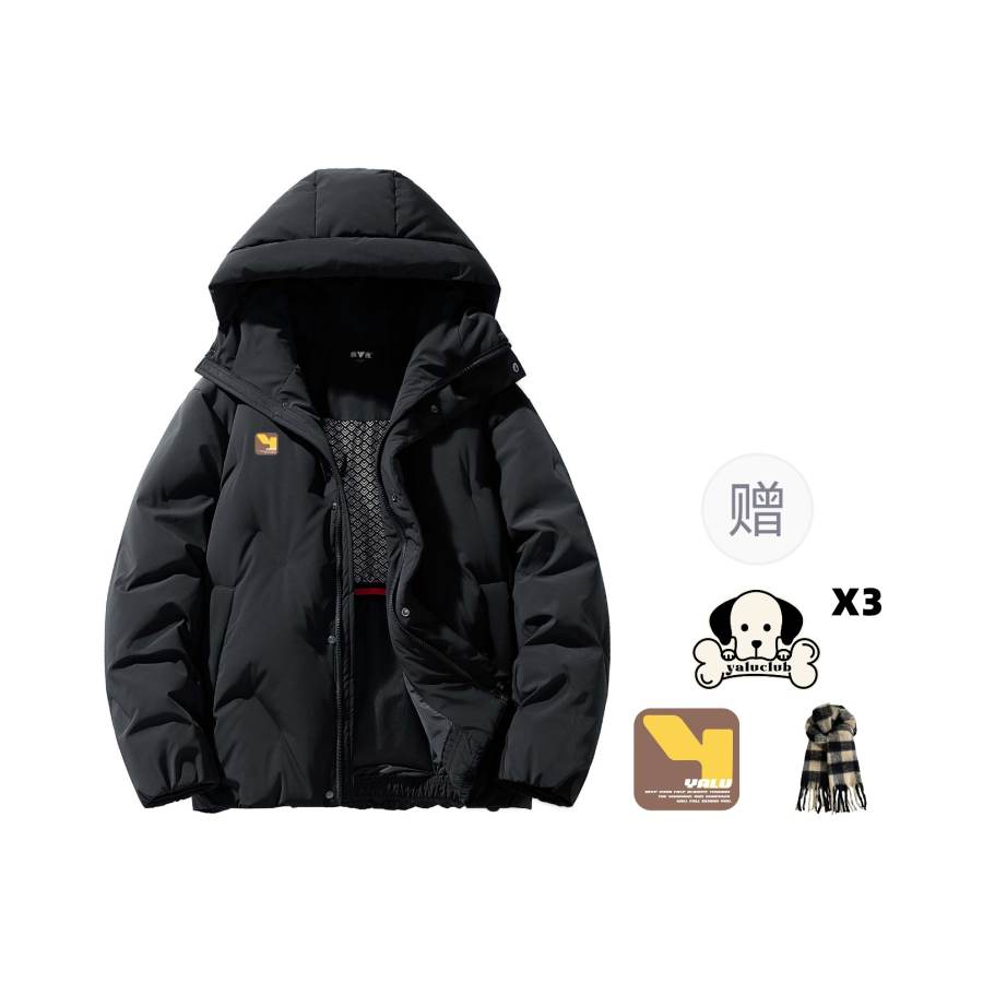 YALU Down Jackets Unisex Black Hooded Thickened Down Jacket