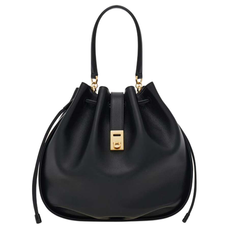 FERRAGAMO Hug Cow Leather Bucket Bag Handbag Women's Black