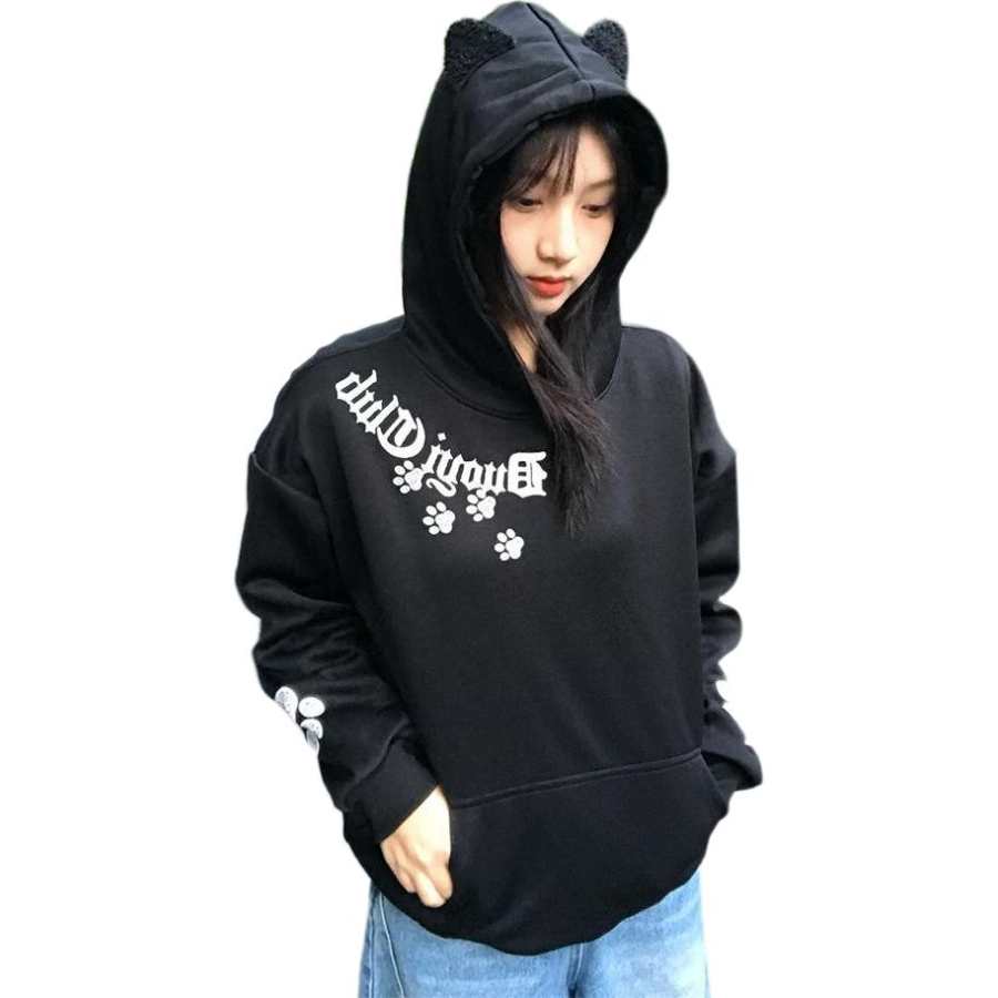 VENICEW Sweatshirts Women's Black Fleece Lined And Thickened Includes VN Brand Sticker Hooded Moderate Regular