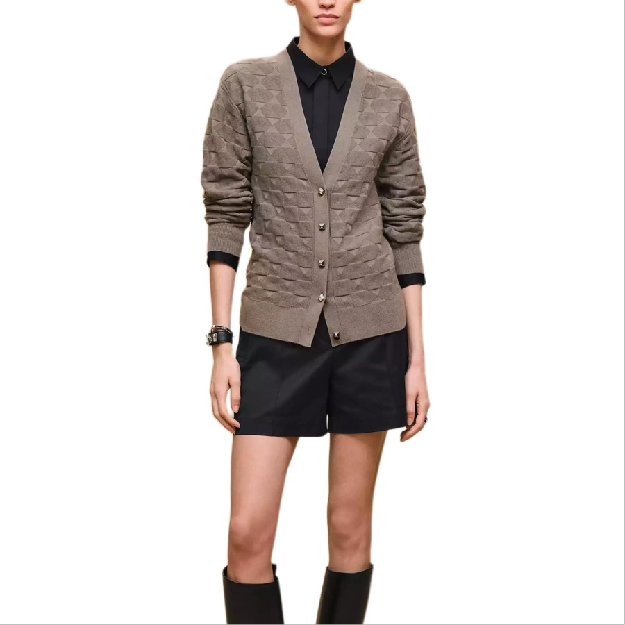HERMES Sweaters Women's Gray V Neck Moderate Cardigan