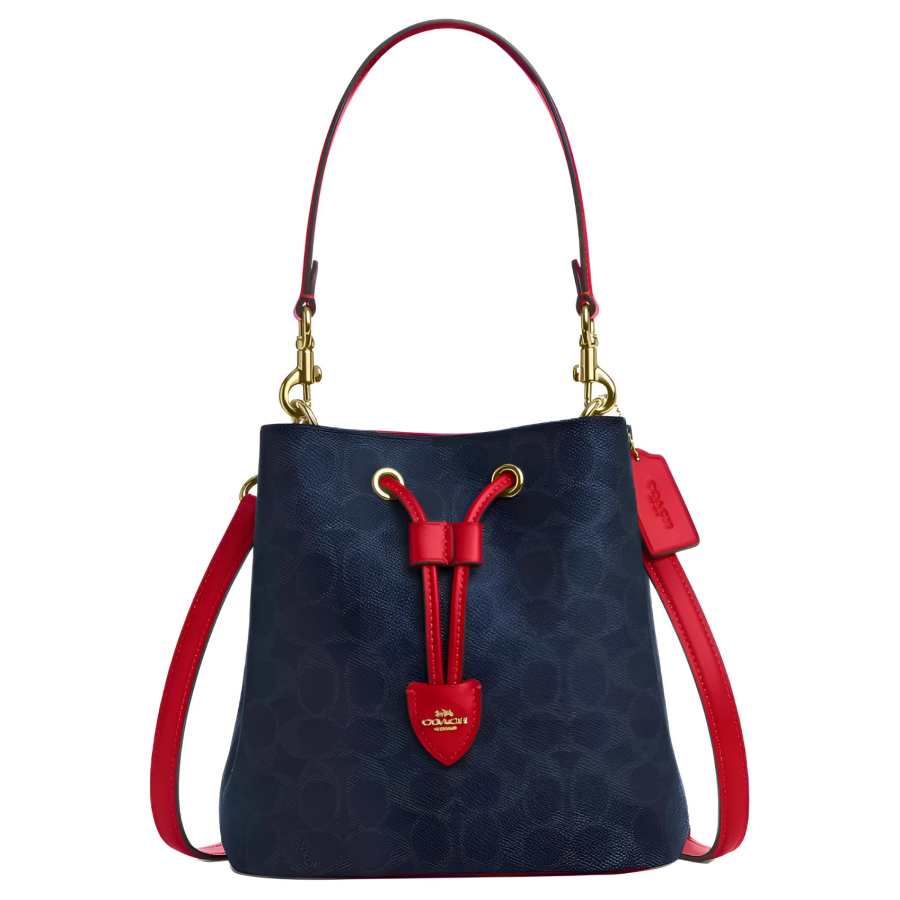 COACH RowanSignature Coated Canvas Bucket Bag, Handbag, Shoulder Bag Small Women's Blue & Red
