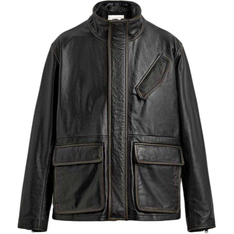 ZARA Leather Jackets Men's Black Stand Collar Moderate