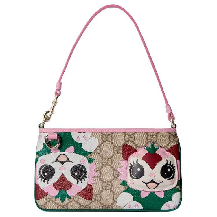 GUCCI Coated Fabric Shoulder Bag Mini Women's Beige & Dark Brown