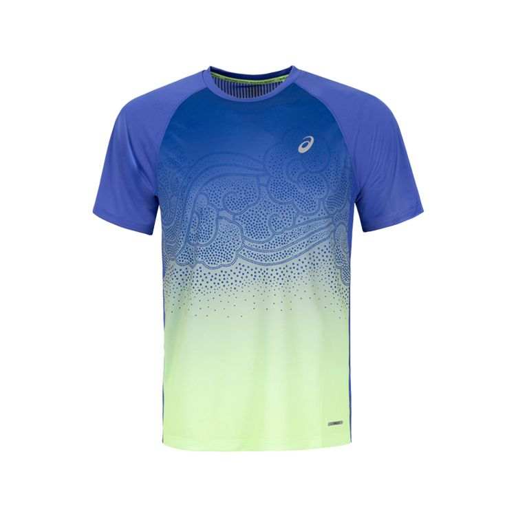 ASICS T Shirts Men's Blue/Neon Green Crew Neck Moderate
