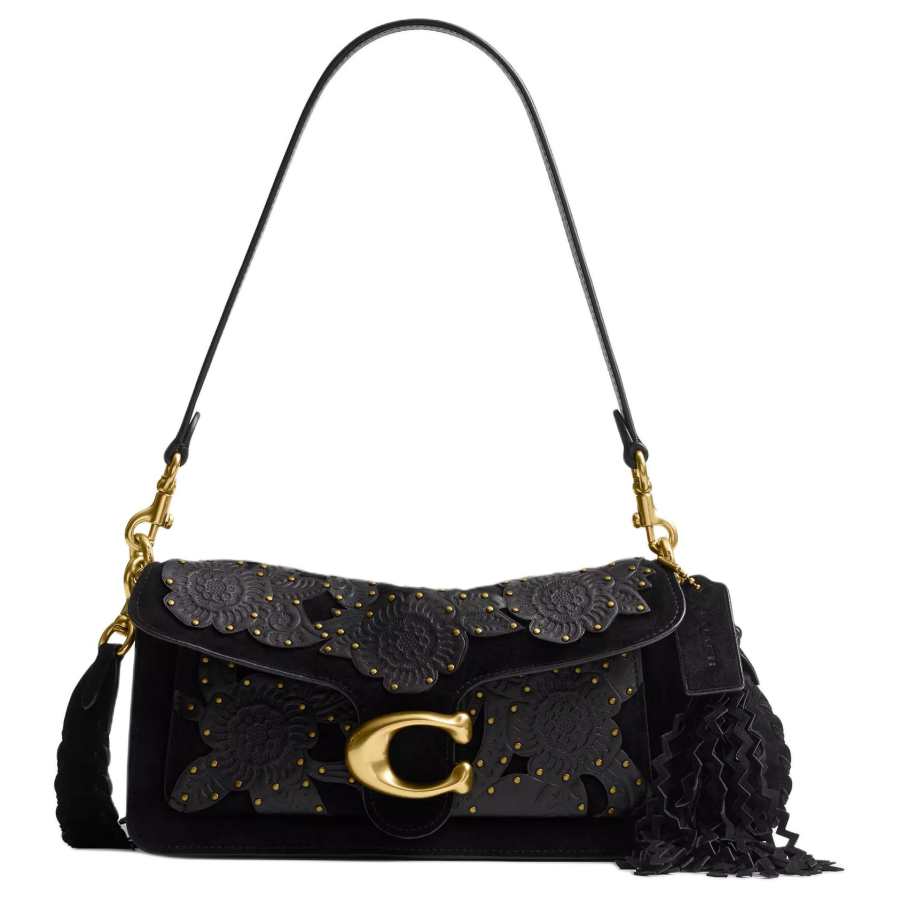 COACH Tabby Suede With Natural Grain Leather Crossbody Bag, Shoulder Bag Medium Women's Brass & Black