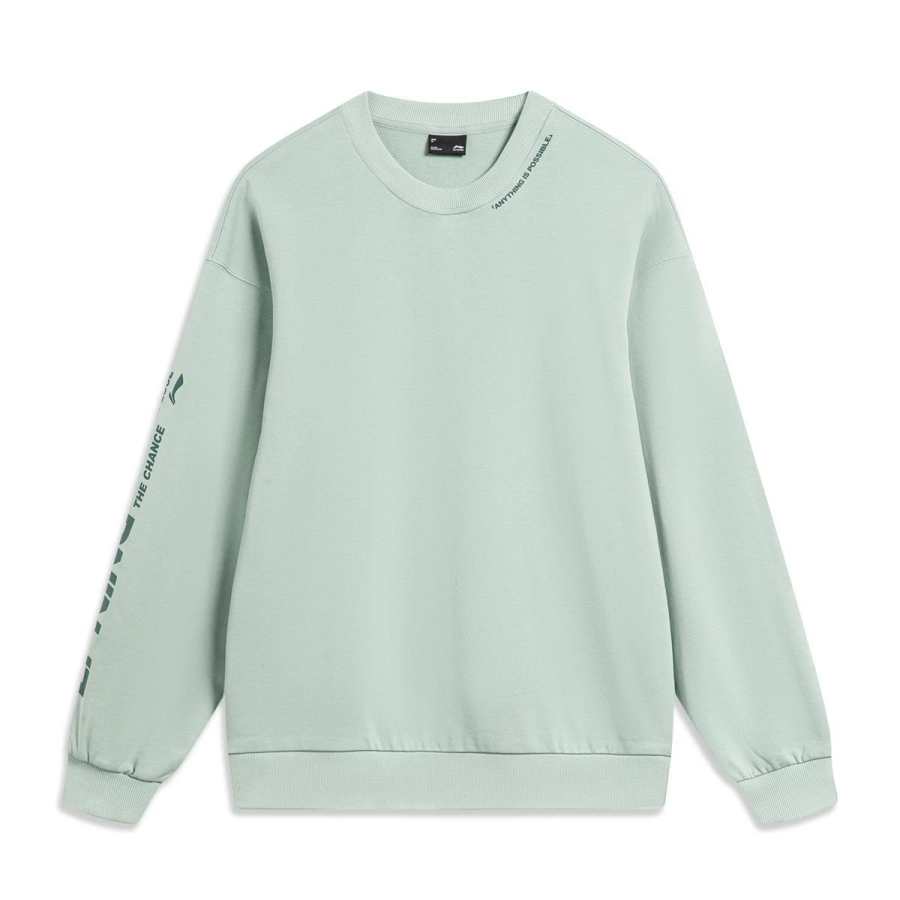 Li-Ning Li Ning Sweatshirts Unisex Gray Mist Green Fleece Lined Crew Neck Moderate Regular