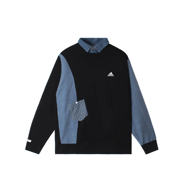 Adidas Adidas LABEL Blue Dazzling YMK Handcrafted Patchwork Comfortable Fleece Lined Pullover Long Sleeved Sweatshirt Unisex