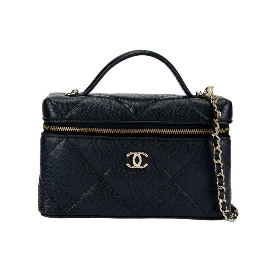 CHANEL Grain Shiny Calfskin Box Bag Makeup Bag Handbag Women's Black