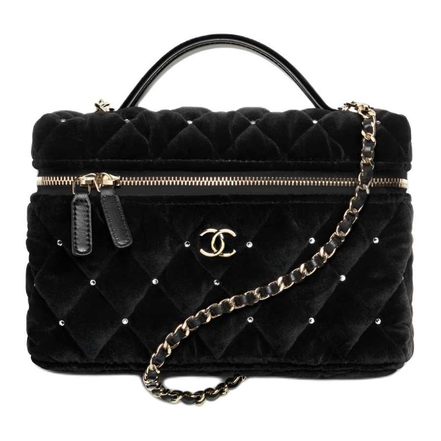CHANEL Velvet Material Gold Metal Makeup Bag Handbag Women's Black