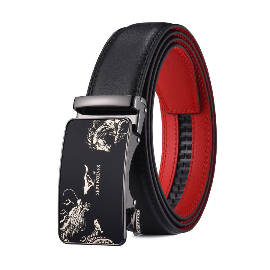 SEPTWOLVES SEPTWOLVES Zinc Alloy Leather Belts Men's Black Width 3.5cm