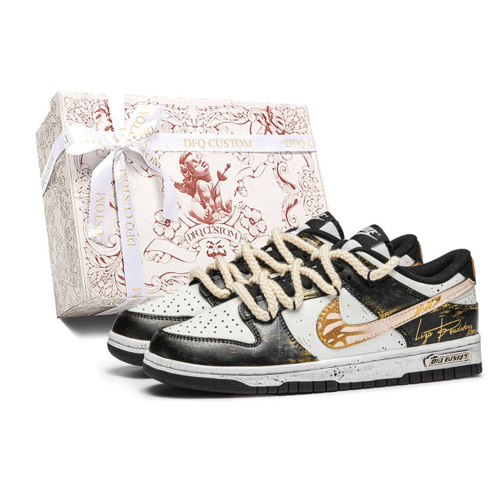 Nike Nike Dunk Gold Legend Box Abrasion Resistant Abrasion Resistant Low top Skateboard Shoes Unisex White Black Gold