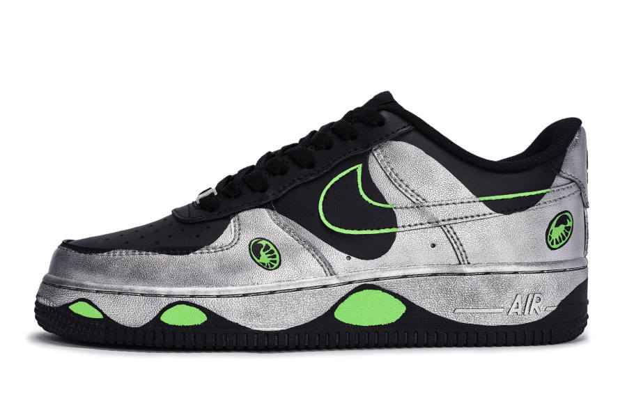 Nike Nike Air Force 1 Walking Planet, Space Irregular Shape Low top Skateboard Shoes Unisex Black Silver Green