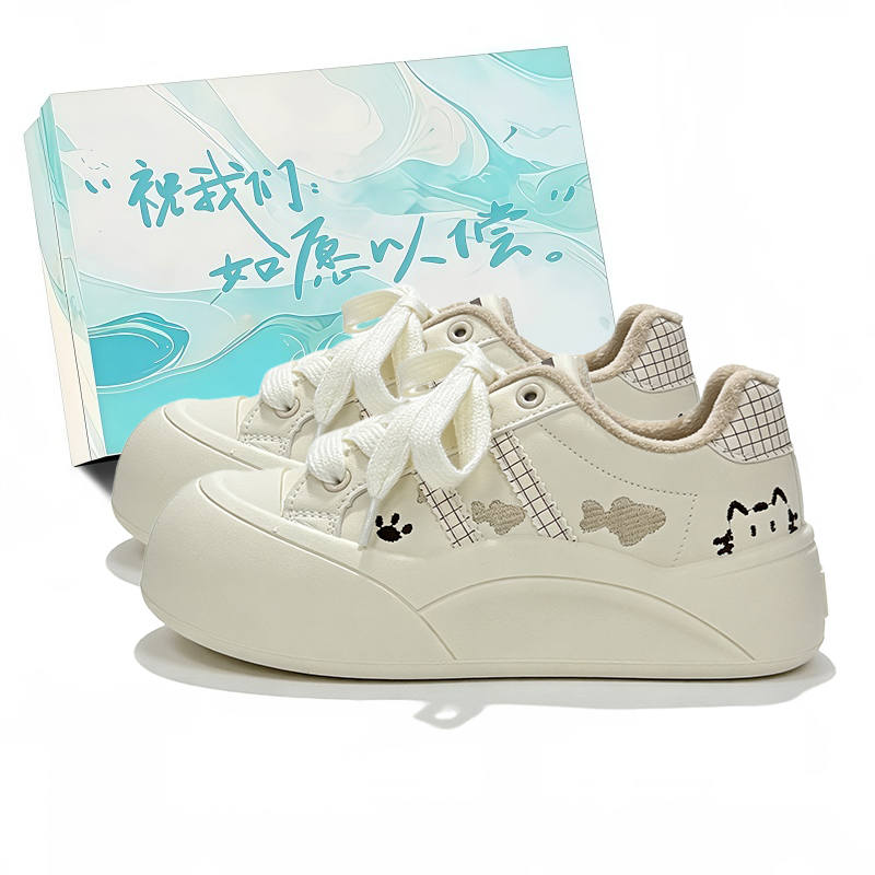 JBBCN Cartoon Cat Embroidery Platform Puffy Shoes Fleece Lined Thermal Shiro Shoes Students Skateboard Shoes