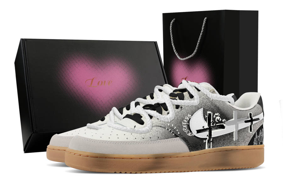 Nike Nike Court Vision 1 Ruin Cross, Heart Box Abrasion Resistant Low top Skateboard Shoes Men's Black White
