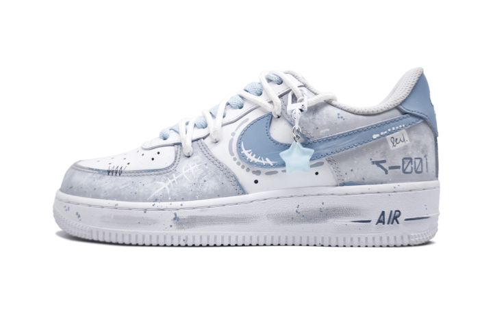 Nike Nike Air Force 1 Blue Star Flower Blue Slip Resistant Abrasion Resistant Low top Skateboard Shoes Unisex White Gray
