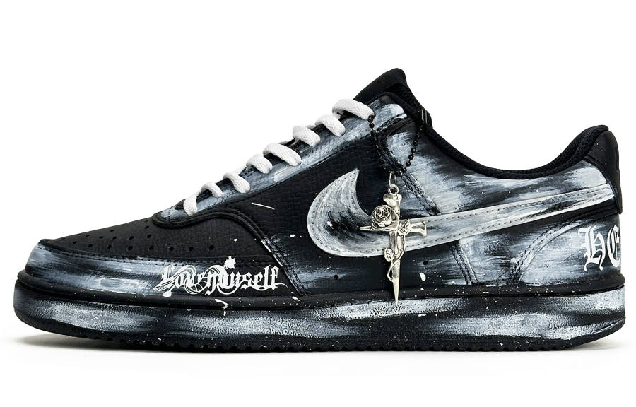 Nike Nike Court Vision Gothic, Dark Shadow Knight, Thorn Rose Abrasion Resistant Low top Skateboard Shoes Unisex Black White
