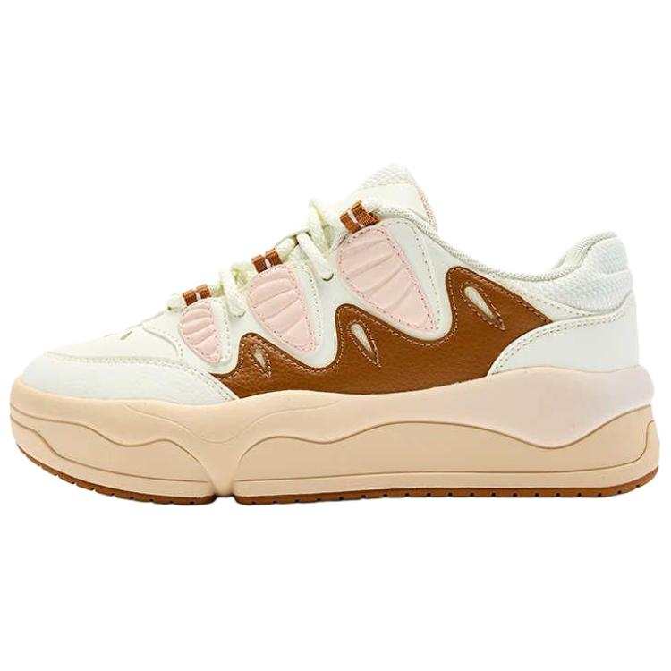 QIAODAN Milk Cap Shoes Lightweight Height Increasing Low top Skateboard Shoes Women's Ivory White Hollyhock Brown