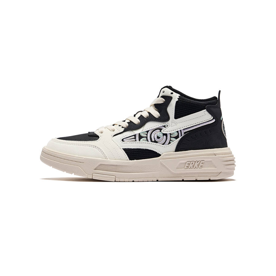 Erke Textile, Synthetic Leather Abrasion Resistant Cushioning High top Skateboard Shoes Women's Jet Black Ivory White