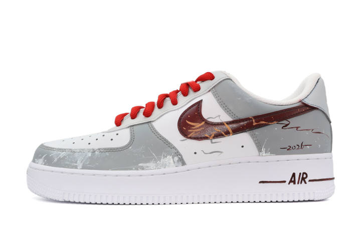 Nike Nike Air Force 1 Leather Cushioning Abrasion Resistant Low top Skateboard Shoes Men's Gray Red