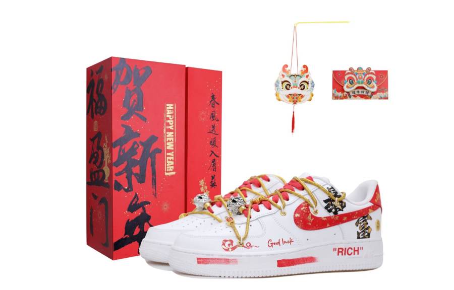 Nike Nike Air Force 1 Low Wishing You Prosperity Anti Slip Wear Resistant Low Top Skateboard Shoes Women's White Red