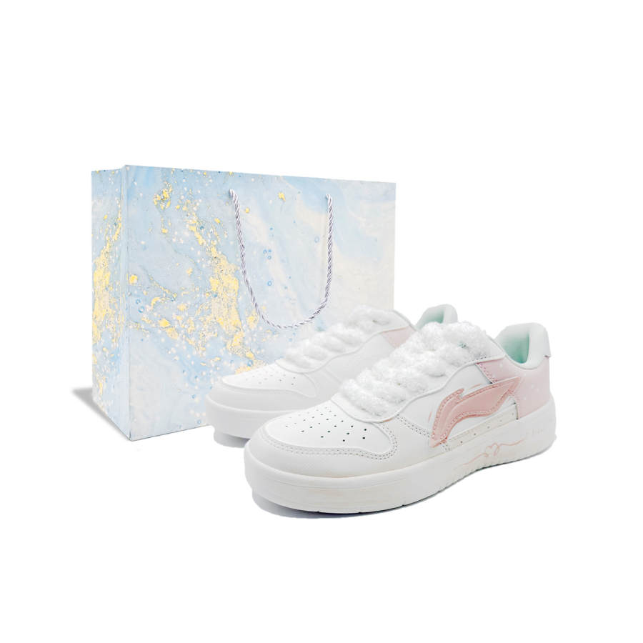 Li-Ning Li Ning White Moonlight Synthetic Leather Slip Resistant Cushioning Abrasion Resistant Low top Skateboard Shoes Women's