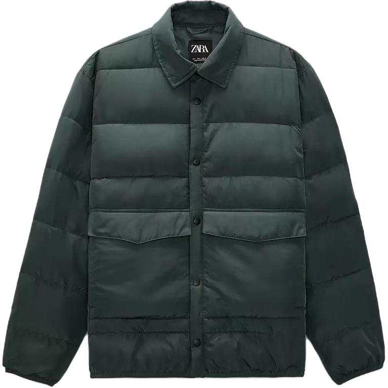 ZARA Puffer Jackets Men's Dark Green Lapel Moderate