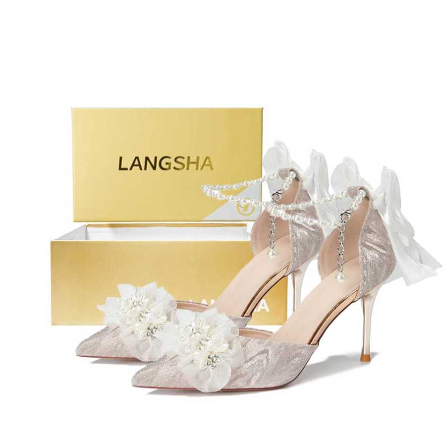 Lanza French Luxury Sparkling Glamorous Style Bowknot Pointed Toe Lace Floral Elegant Hollow Pearl Chain Wedding Shoes