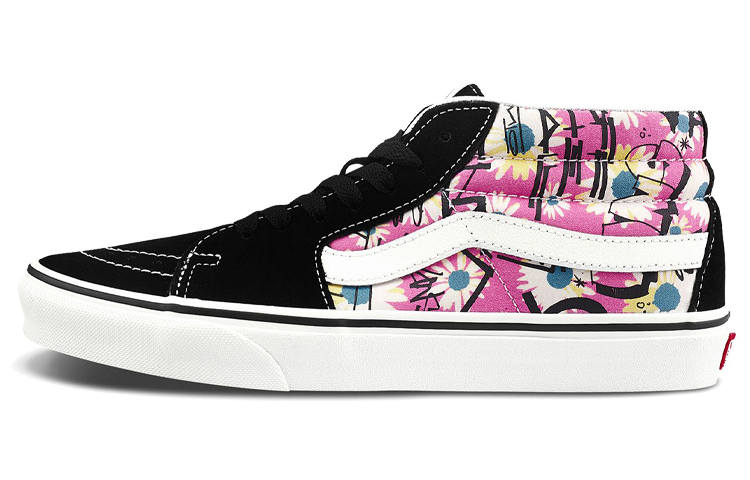 Vans Sk8 Mid Retro High Top Casual Skate Shoes Unisex Flowers Graffiti 'Black Pink White'