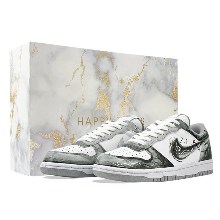 Nike Nike Big Low Lu Ink Stained Crane Shadow Cushioning, Wear Resistant Low top Skateboard Shoes Men's White Gray
