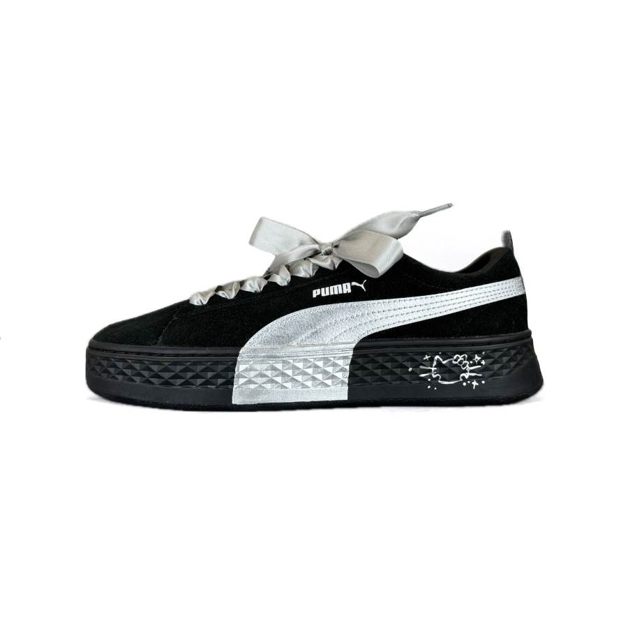 PUMA Smash Platform Coverage Breathable Low top Skateboard Shoes Women's Black Silver