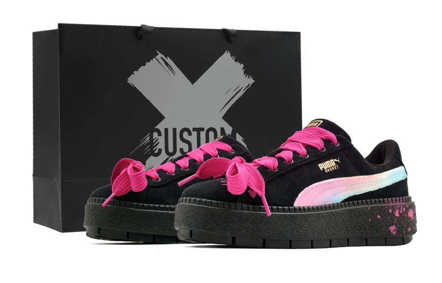 PUMA Platform Trace Rainbow Bridge Non slip Lightweight Low top Skateboard Shoes Women's Black Pink