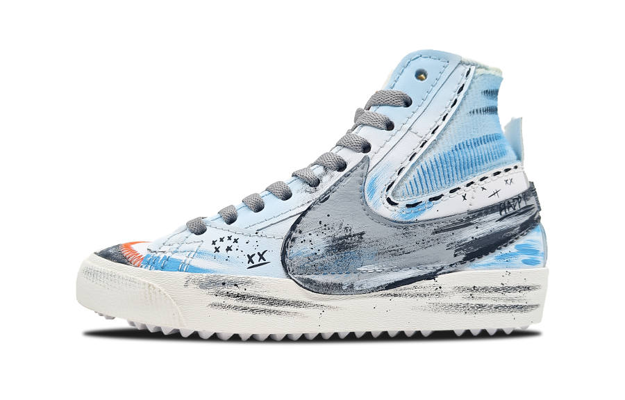 Nike Nike Blazer Drawing Realm, Turbulent Waves And Roaring Storms Slip Resistant Mid top Skateboard Shoes Unisex Blue Gray