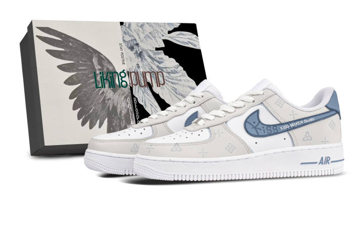 Nike Nike Air Force 1 Slip Resistant Abrasion Resistant Low top Skateboard Shoes Unisex Beige Blue