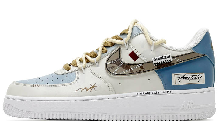 Nike Nike Air Force 1 Cow Leather Low top Skateboard Shoes Men's Beige Coffee Blue