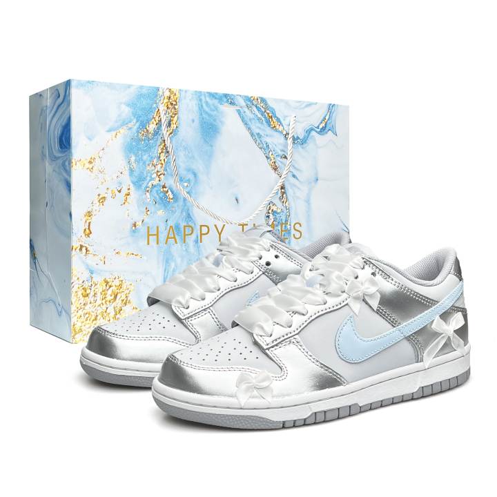 Nike Nike Dunk Leather Low top Skateboard Shoes Unisex White Silver Blue