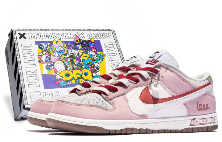 Nike Nike Dunk Low Da Vinci Custom Box, Rose Promise Skateboard Shoes Women's White Pink Gray