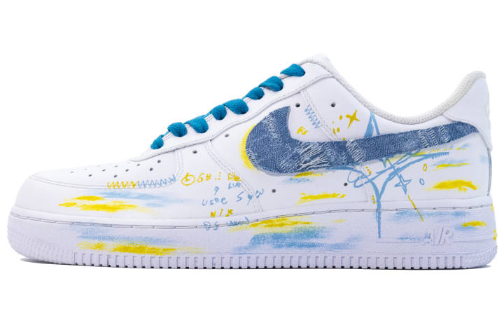 Nike Nike Air Force 1 Multicolor Graffiti Slip Resistant Abrasion Resistant Low top Skateboard Shoes Unisex White Blue